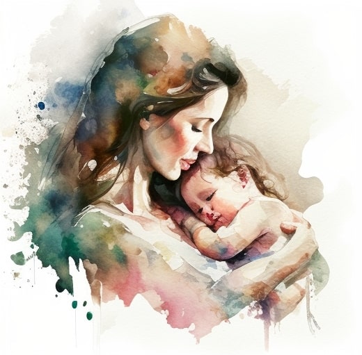 watercolor picture of mom with her baby