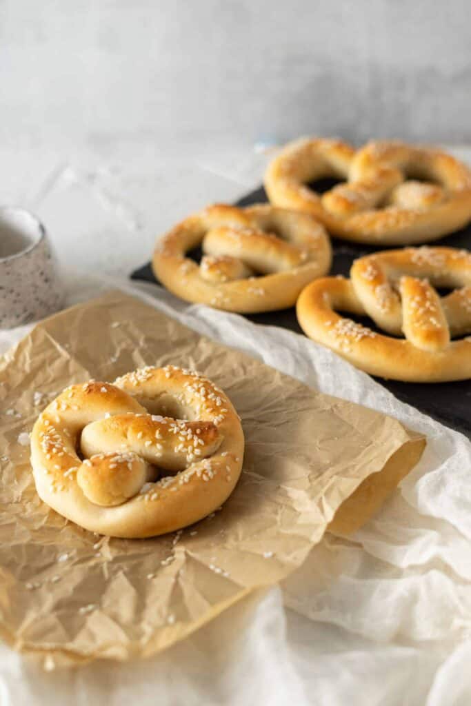 4 Homemade Protein Soft Pretzels on the counter