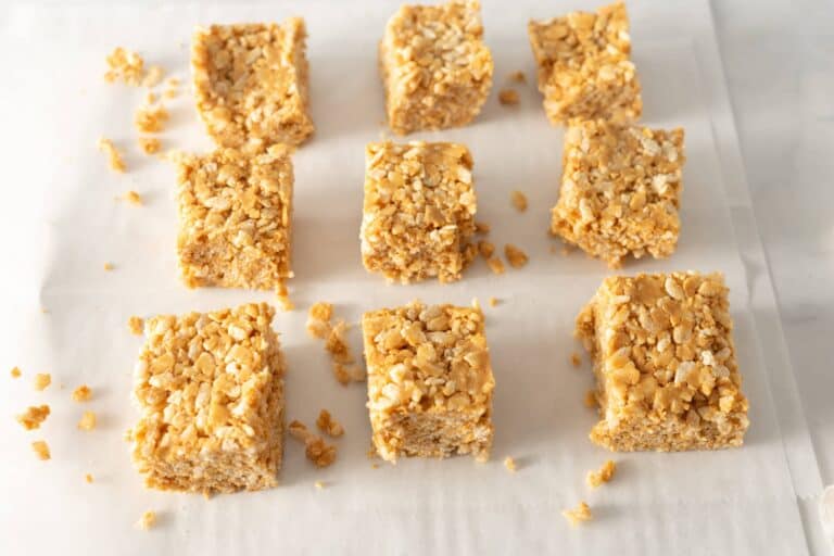 Peanut butter rice crispy squares cut into bite-sized pieces.