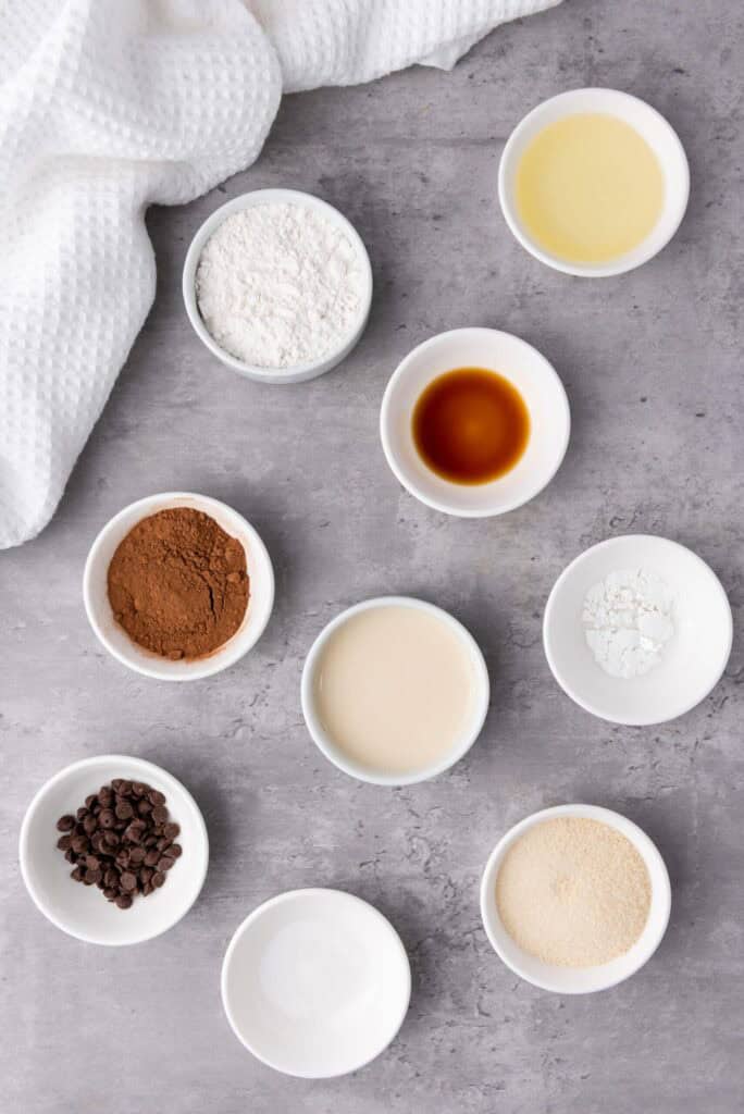 Protein Brownie in a Mug ingredients flour, sugar, coco powder, milk, vanilla extract, baking powder, salt