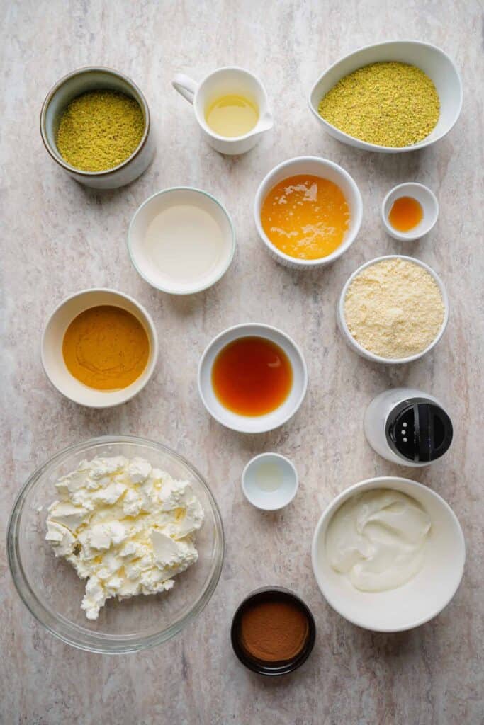 Pistachio Greek Yogurt Cheesecake ingredients.