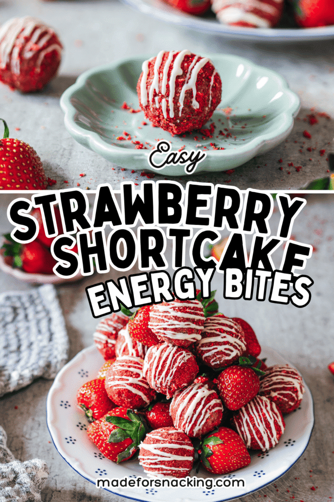 Strawberry Shortcake Energy Bites recipe pin image
