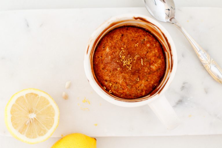 Finished lemon mug cake with lemon zest